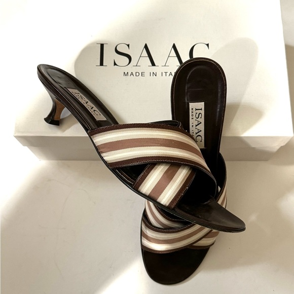 Vintage kitten heel sandals crisscrossed ribbon brown/white size 9 - Picture 1 of 13